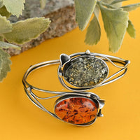 Multi Color Amber Wrap Around Bangle Bracelet in Sterling Silver (Adjustable)