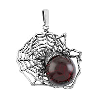 Baltic Cherry Colored Amber Spider in Web Pendant in Sterling Silver