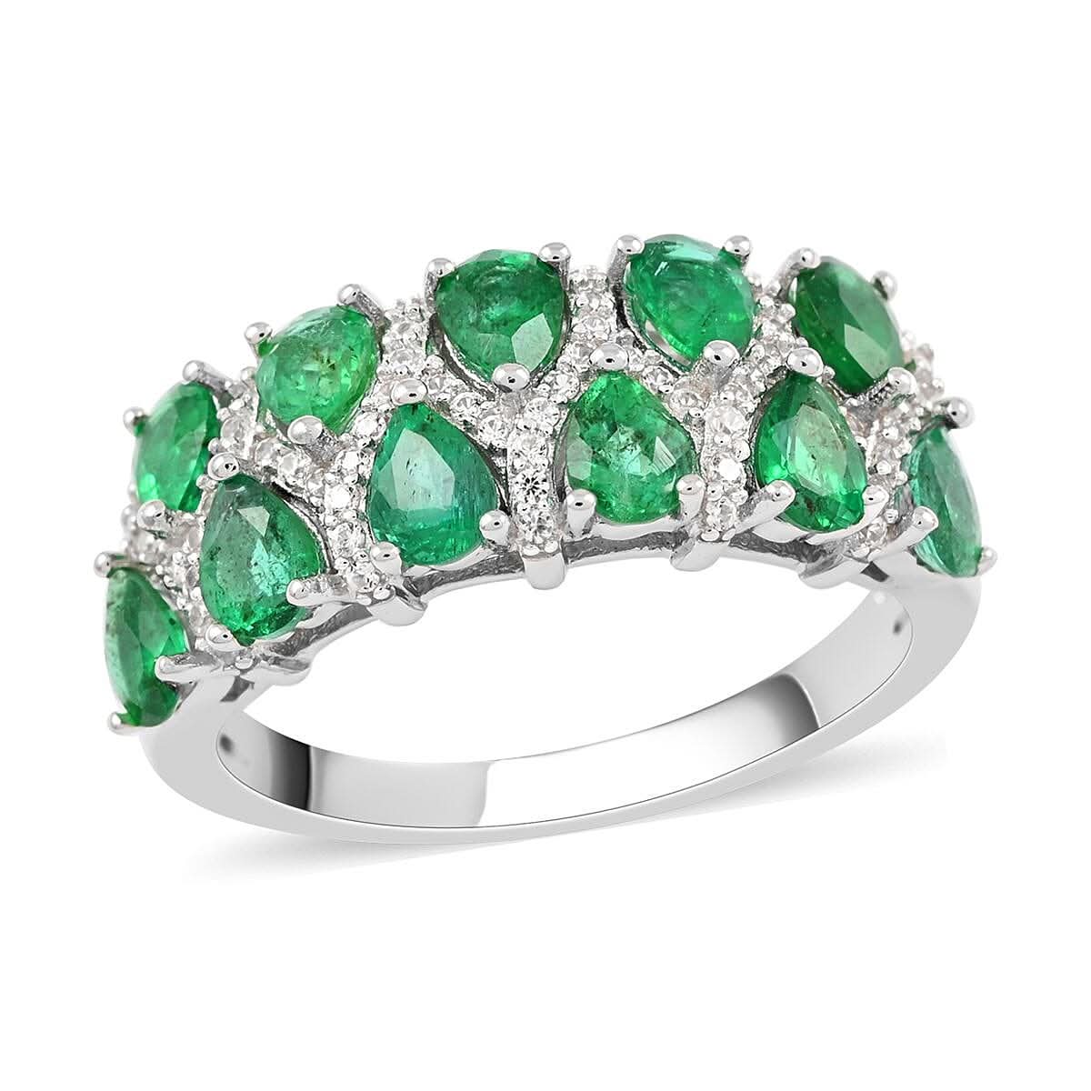 AAA Kagem Zambian Intense Green Emerald and Natural White Zircon Ring in Rhodium Over Sterling Silver 1.80 ctw