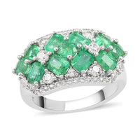 AAA Kagem Zambian Intense Green Emerald and Natural White Zircon Ring in Rhodium Over Sterling Silver 3.40 ctw