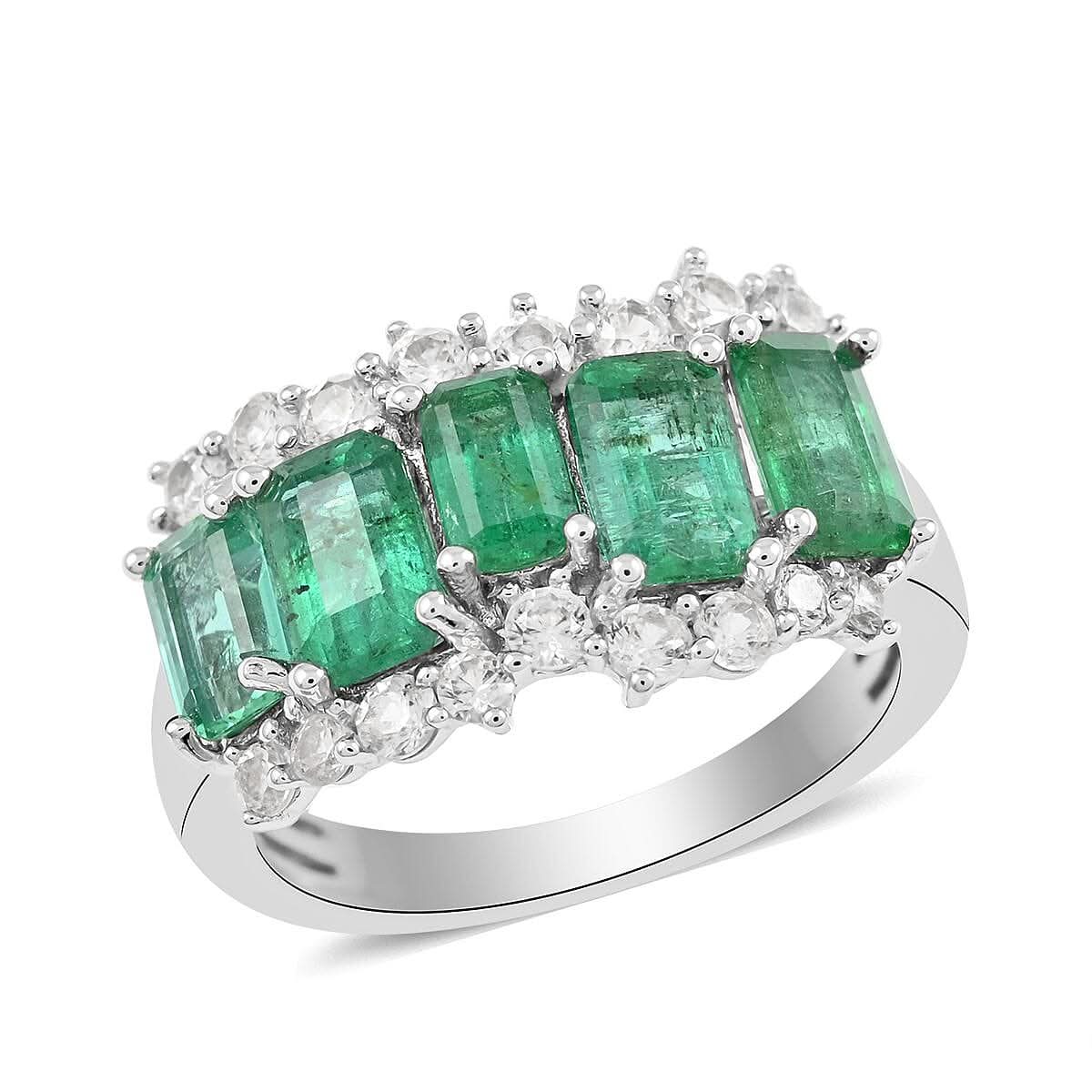 AAA Kagem Zambian Intense Green Emerald, Natural White Zircon Ring in Rhodium Over Sterling Silver (Size 6.0) 3.30 ctw