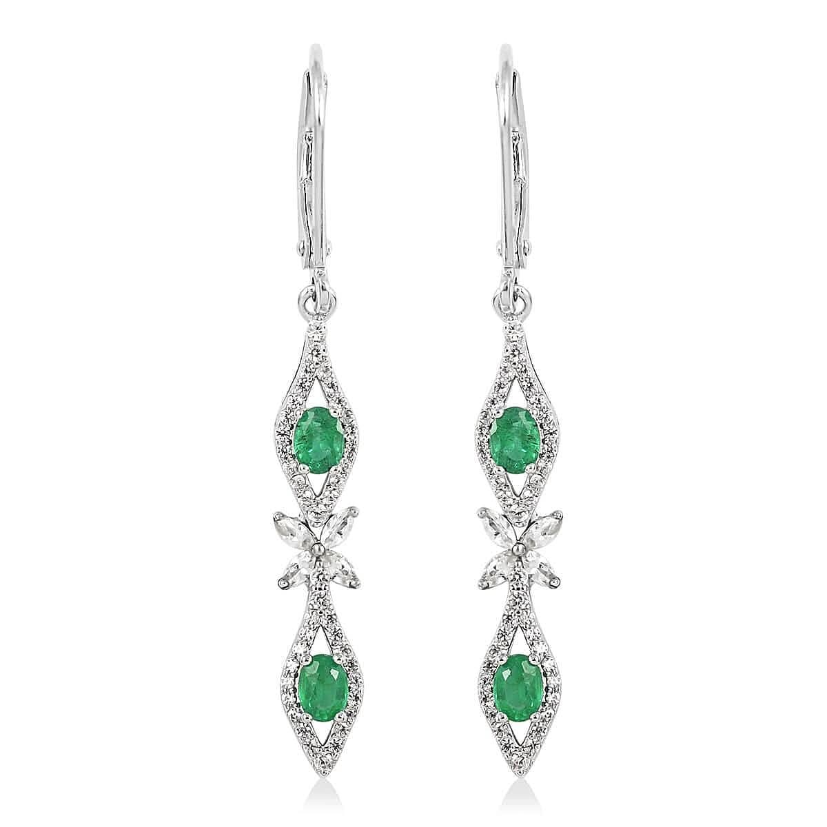 AAA Kagem Emerald and White Zircon Lever Back Earrings in Rhodium Over Sterling Silver 1.60 ctw