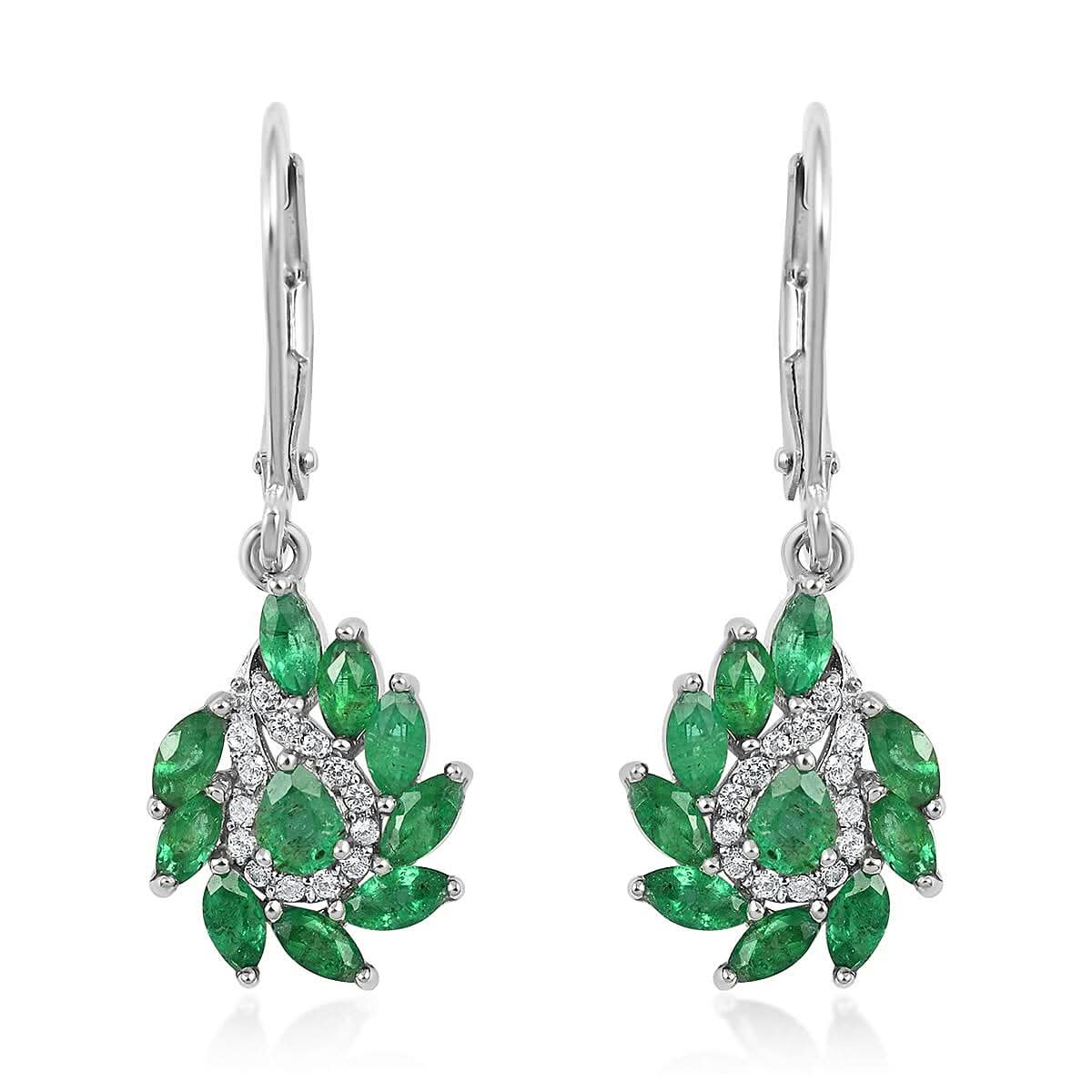 AAA Kagem Emerald and White Zircon Lever Back Earrings in Rhodium Over Sterling Silver 1.75 ctw