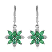 AAA Kagem Emerald and White Zircon Lever Back Earrings in Rhodium Over Sterling Silver 1.30 ctw