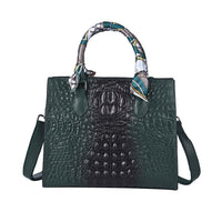Black Crocodile Embossed Pattern Genuine Leather Crossbody Bag (11"x4"x9.5") with Hand Scarf Strap and Shoulder Strap