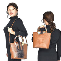 Black Embossed Crocodile Genuine Leather Tote Bag (9.84x4.75x11.02) with Shoulder Strap 53 Inches