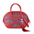 Red River Cliff Seawater Pattern Brocade Mulberry Silk with Genuine Leather Tote Bag (14"x9.06"x5.5") with Shoulder Strap - Sticky add to cart bar