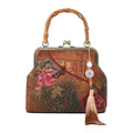 Red Peony Pattern Gambiered Canton Gauze with Genuine Leather Tote Bag with Bamboo Handle Drop - Sticky add to cart bar
