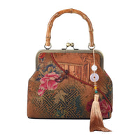 Red Peony Pattern Gambiered Canton Gauze with Genuine Leather Tote Bag with Bamboo Handle Drop