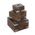 Set of 3 Antique Burnt Finish Square Boxes with Aluminium Work - Sticky add to cart bar