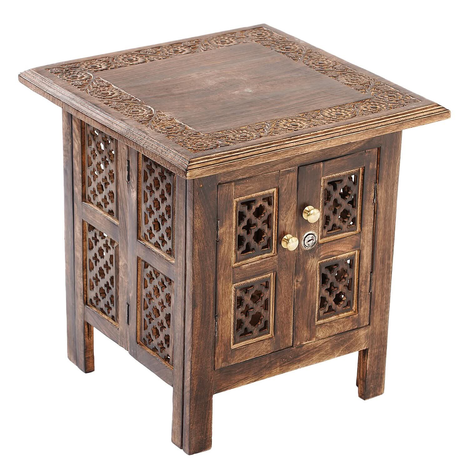 Handcarved Brown Square Knock Down Mango Wood Table with Window Storage
