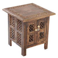 Handcarved Brown Square Knock Down Mango Wood Table with Window Storage