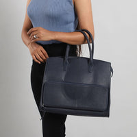 Black Hand Stitched Genuine Leather Tote Bag with Meal Compartment (5.1"x15"x11.8")