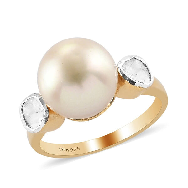 South Sea Golden Cultured Pearl 9-10 mm and Polki Diamond Ring in 14K Yellow Gold Over Sterling Silver (Size 5.0) 0.20 ctw - Product card gallery slide 1 (9431319380223)