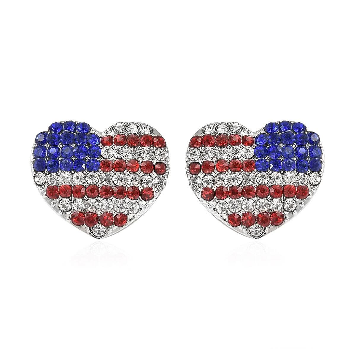Multi Color Austrian Crystal and Enameled American Flag Pattern Heart Earrings in Silvertone