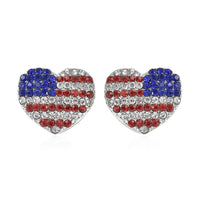 Multi Color Austrian Crystal and Enameled American Flag Pattern Heart Earrings in Silvertone