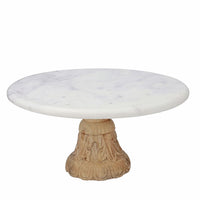 White Handcrafted Marble Cake Stand with Carved Wood Stand