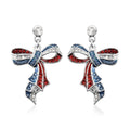 Multi Color Austrian Crystal and Enameled American Flag Pattern Ribbon Earrings in Silvertone - Sticky add to cart bar