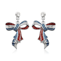 Multi Color Austrian Crystal and Enameled American Flag Pattern Ribbon Earrings in Silvertone