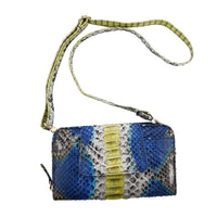 The Pelle Python Collection Handmade 100% Genuine Python Leather Blue & Yellow Color Crossbody Wallet (8"x4.3"x1.6")