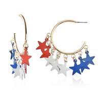 Enameled Stylish Half Hoop Earrings with Tri-color Star Charms in Goldtone