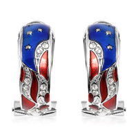 White Austrian Crystal Stylish Half Hoop Style Earrings with US flag Pattern in Silvertone