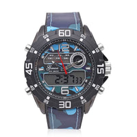 GENOA Japanese and Electronic Movement Multifunctional Key Watch with Camouflage Blue Faux Leather Strap