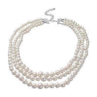 Simulated White Pearl Triple Row Necklace (23-27 Inches) in Silvertone