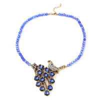Simulated Blue Magic Color Topa and Blue Austrian Crystal Peacock Necklace 21 Inches in Goldtone