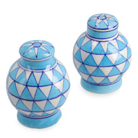 Blue Pottery Hand Painted Salt And Pepper Dispenser Set