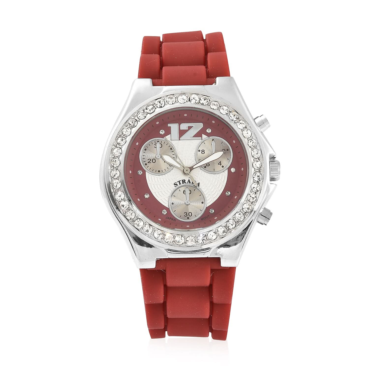 STRADA White Austrian Crystal Japanese Movement Watch with Black Silicone Strap