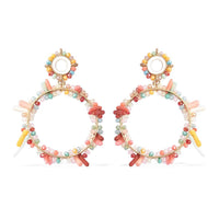 Simulated Multi Gemstone and Multi Color Coral Hoop Earrings in Goldtone