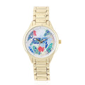 STRADA Japanese Movement Watch with Blue Butterfly Pattern Dial in Goldtone - Sticky add to cart bar