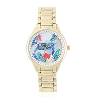 STRADA Japanese Movement Watch with Blue Butterfly Pattern Dial in Goldtone