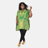 TAMSY Blue Feather Screen Printed Short Kaftan - One Size Fits Most (36"x41")