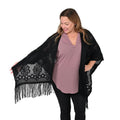 Black Hollow Out Design Poncho with Swinging Tassels (31"x63") - Sticky add to cart bar