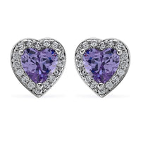 Simulated Amethyst Diamond and Simulated Diamond Heart Halo Earrings in Silvertone 0.50 ctw