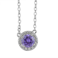 Simulated Dark Color Amethyst, Simulated Diamond Halo Necklace (18 Inches) in Silvertone 0.16 ctw