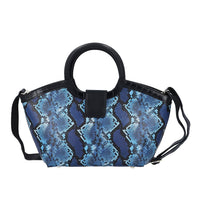 Hong Kong Closed Out Collection Black and Blue Snake Print Pattern Genuine Leather Tote Bag (10.5"x16"x5x8.66") with Handle and Shoulder Straps