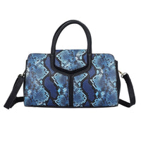 Black and Blue Snake Print Genuine Leather Convertible Tote Bag (12.2"x3.54"x7.09") with Handle Drop and Shoulder Strap