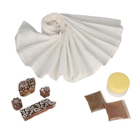 DIY Block Printing Art Kit (4 Design Wooden Block, 2 Natural Dye Color and Runner Cotton Sheet)