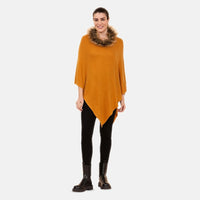LA MAREY Cashmere Wool Black Designer Poncho with Faux Fur Trim (One Size Fits Most, 28"x28")
