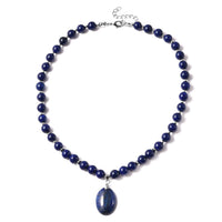 Lapis Lazuli Beaded Necklace 18 Inches with Elongated Matching Pendant in Silvertone 180.50 ctw