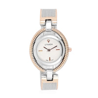 STRADA White Austrian Crystal Japanese Movement Ladies Bangle Watch in Dualtone (6.50 In)