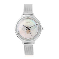 STRADA White Austrian Crystal Japanese Movement Honey Bee Pattern Watch with Stainless Steel Mesh Strap