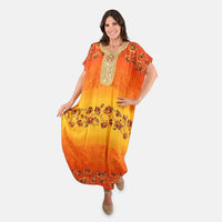 TAMSY Blue Rose Pattern Kaftan With Neckline Embroidery - One Size Fits Most (31"x53.5")