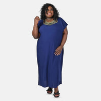 TAMSY Dark Black Solid 100% Viscose with Multi Color Neckline Embroidery Kaftan- One Size Fits Most (31"x55")