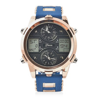 "Three movements watach,Case:steel color alloy case+black alloy ring+Multi-function button,Movement:double PC21S/Japan Movement+Electronics Movement,Brand:GENOA,Plated:IPS+IP black plating,D