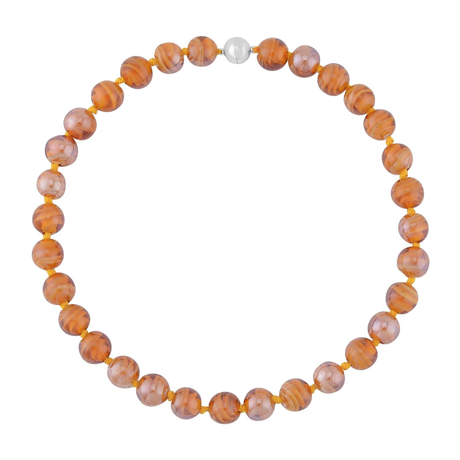 Champagne Color Beaded Knotted Necklace with Magnetic Lock in Silvertone 20 Inches