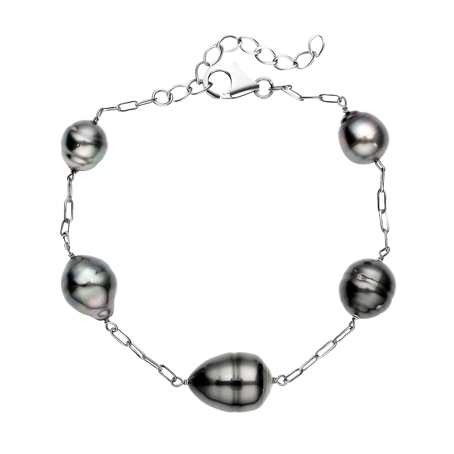 Tahitian Cultured Pearl Station Bracelet For Women, Rhodium Over Sterling Silver Bracelet, Pearl Jewelry 7-8.50 Inches